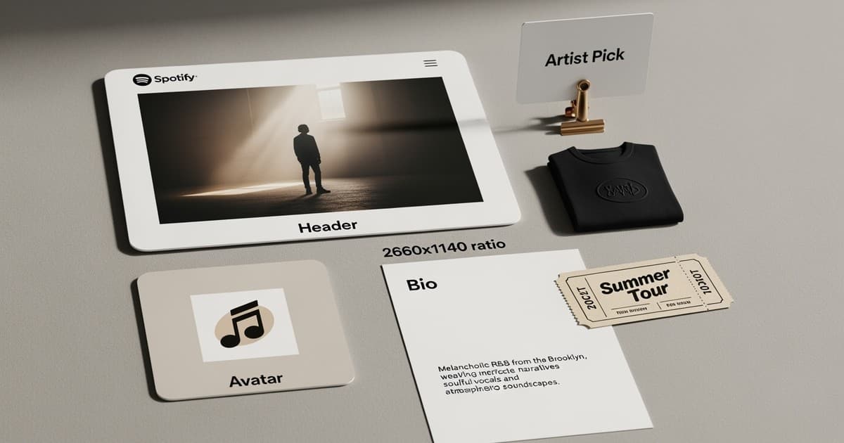 An editorial flat lay of stylized physical cards and objects representing a Spotify artist profile being optimized.