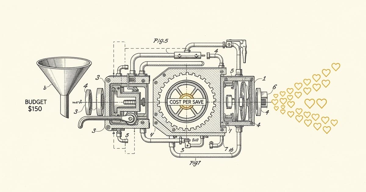 A vintage technical drawing of a complex machine that turns a budget into music saves, with a central gear labeled 'Cost Per