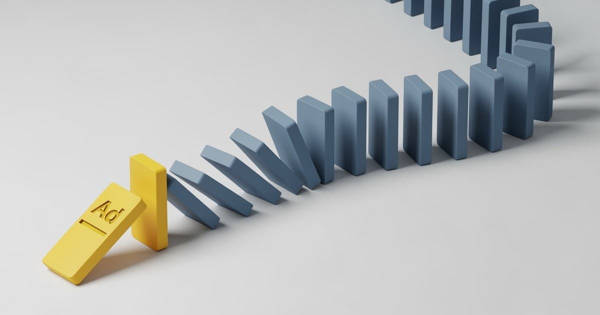 A single yellow block representing a paid view starts a chain reaction of falling blue blocks, symbolizing organic YouTube gr