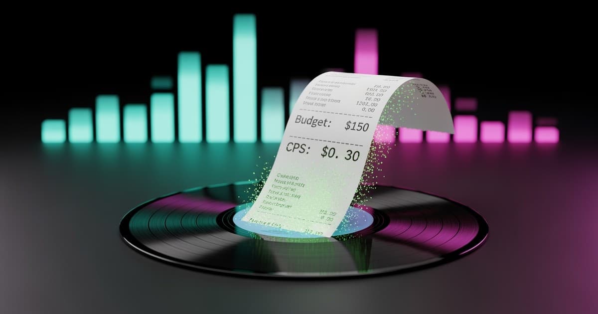 A hyper-realistic 3D render of a matte white receipt weaving through a vinyl record, displaying music marketing costs like $150 Budget and