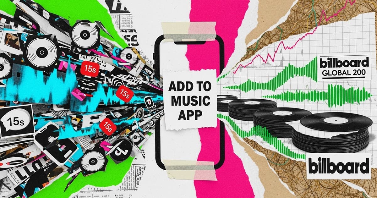 A mixed-media collage featuring a central Add to Music App button bridging chaotic TikTok interface elements and orderly vinyl records.