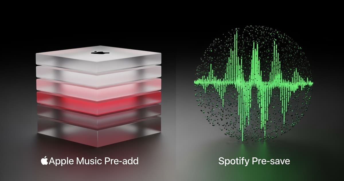Abstract 3D render comparing a stack of crimson glass blocks representing Apple Music against a swirling green data orb for Spotify.