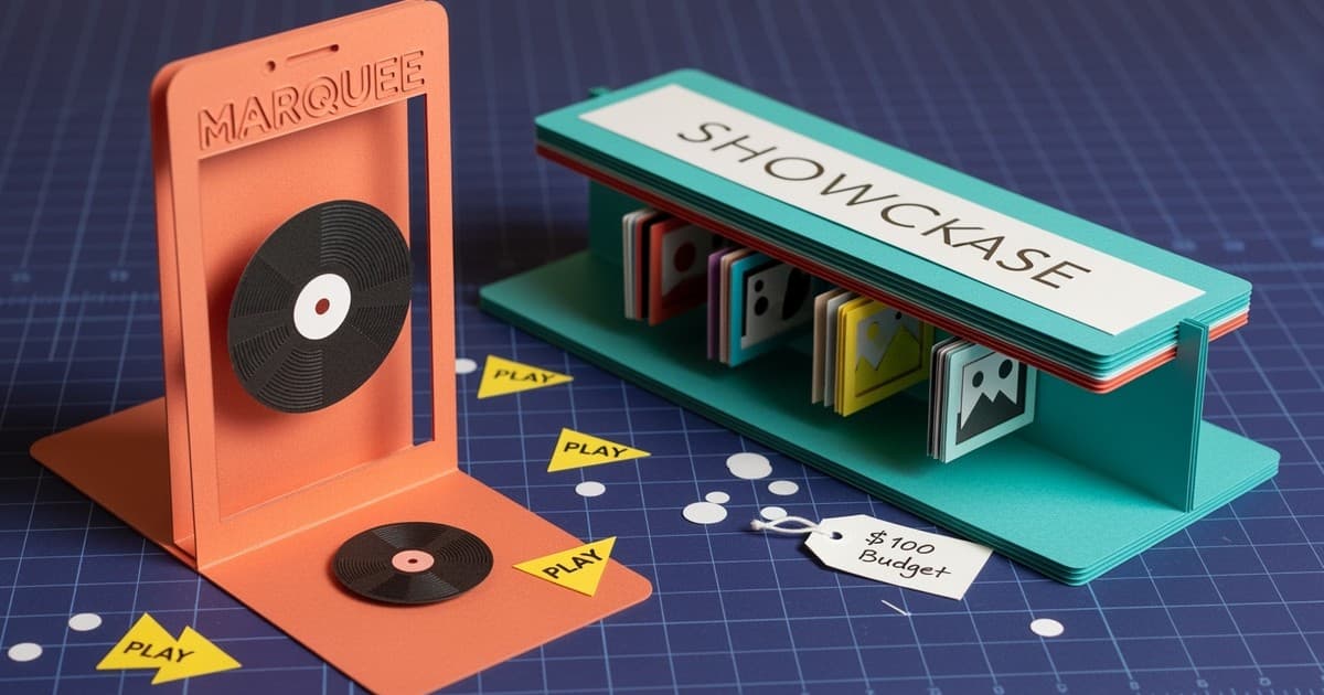 Two paper-craft structures on a dark desk: a tall vertical pop-up card labeled Marquee and a wide horizontal banner strip labeled Showcase.