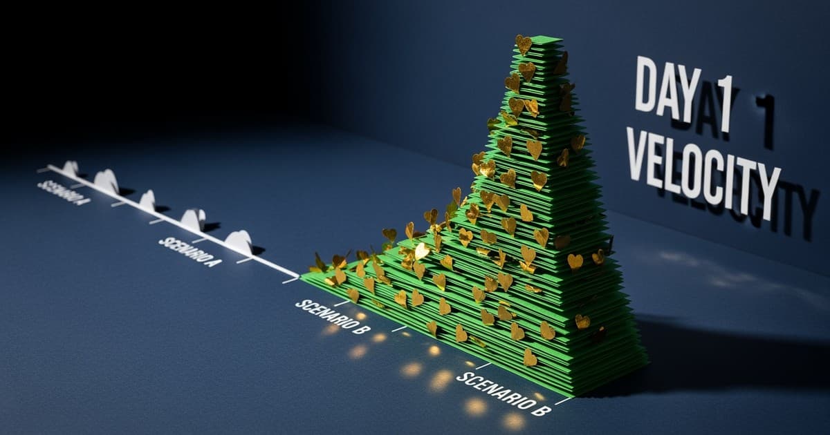 Paper craft diorama of a dramatic green graph spike rising from a flat blue timeline, representing Spotify streaming velocity.
