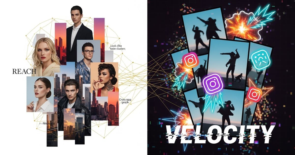 A split mixed-media collage contrasting polished lifestyle photos connected by gold lines against chaotic, neon-glitched viral video frames.