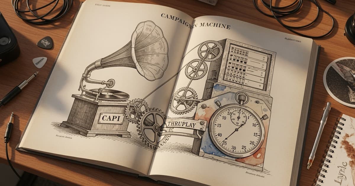 An open vintage field guide on a wooden desk features technical ink illustrations of ThruPlay and CAPI mechanics surrounded by guitar picks.