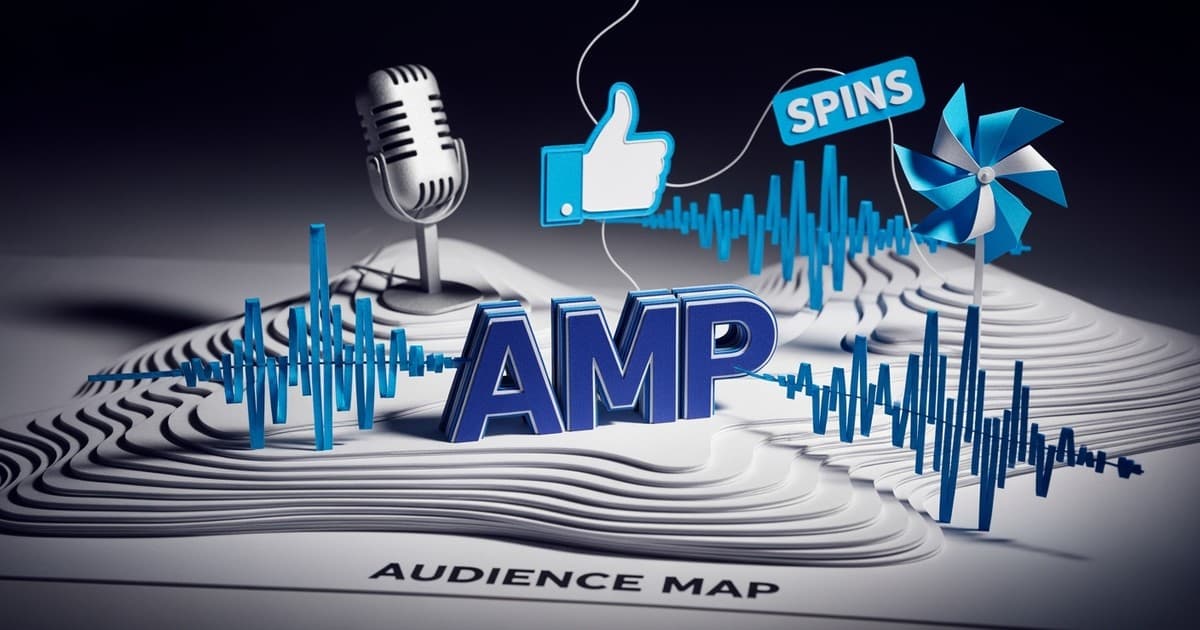 Intricate paper-craft diorama with a blue AMP logo, paper microphone, and thumbs-up icon arranged on a textured topographic map background.