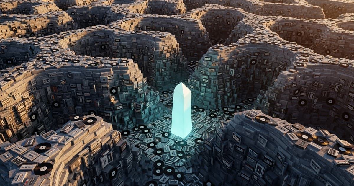 Aerial view of a surreal landscape made of millions of stacked cassette tapes with one glowing cyan tower rising from the center.