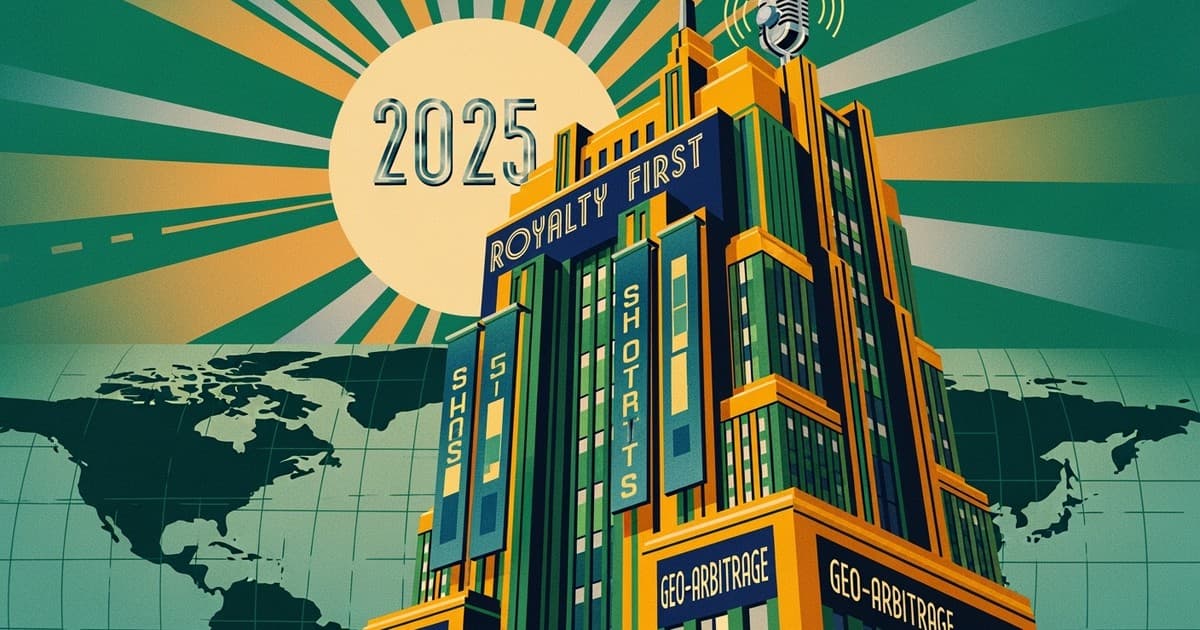 A majestic Art Deco poster illustration showing a golden skyscraper labeled 'ROYALTY FIRST' rising above a stylized geometric city at