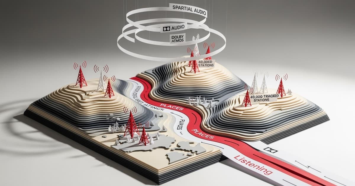 A sophisticated paper-craft sculpture depicting music analytics, featuring flowing paper ribbons, origami radio towers, and layered