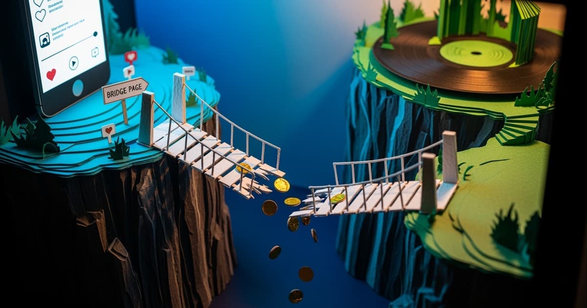 An intricate paper-craft diorama showing a fragile bridge connecting a smartphone to a vinyl record, with gold coins falling through gaps