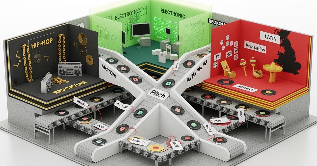 An isometric paper-craft diorama showing tiny vinyl records traveling along conveyor belts into specific rooms labeled Hip-Hop, Electronic,