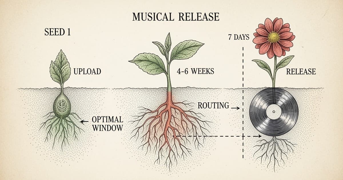 Vintage scientific illustration showing a plant's growth cycle as a metaphor for music release timing, with roots representing the 4-6 week