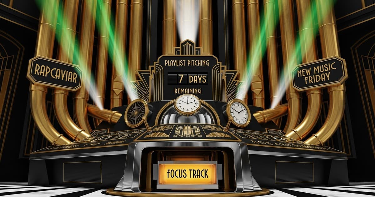 Art Deco illustration of a retro-futuristic playlist pitching machine with brass tubes labeled RapCaviar and New Music Friday accepting a