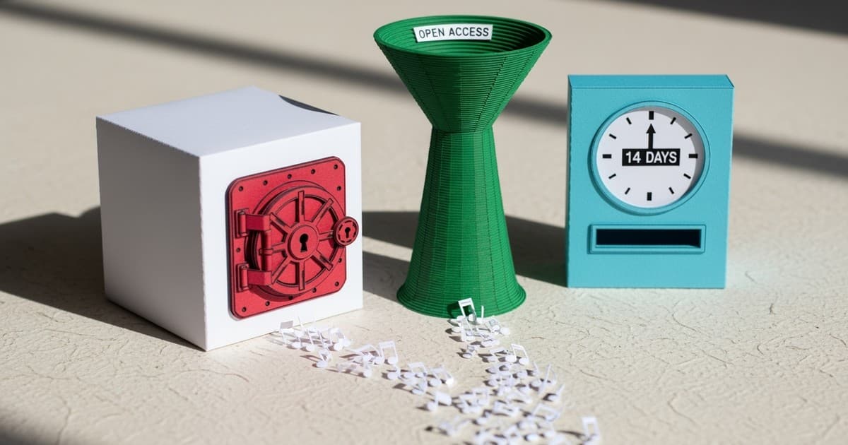 Intricate paper craft diorama showing three distinct music submission portals: a green open tower, a red gated vault, and a blue mailbox