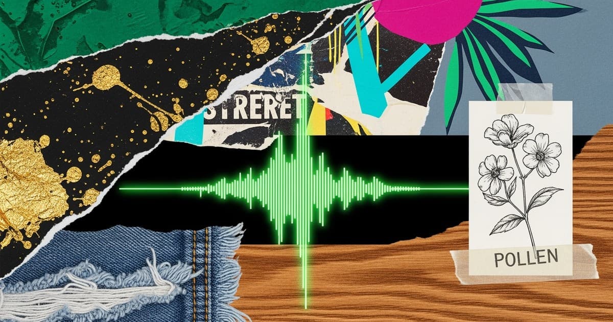 A dynamic mixed-media collage featuring overlapping textures of gold foil, neon digital waves, floral illustrations, and denim fabric