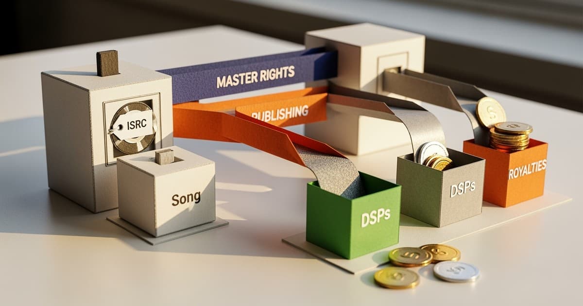 An intricate paper-craft diorama showing a music distribution network with color-coded paper ribbons representing master and publishing