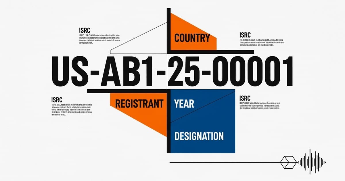 A minimalist Swiss-style graphic design poster deconstructing the ISRC code US-AB1-25-00001 into labeled geometric sections on a cream
