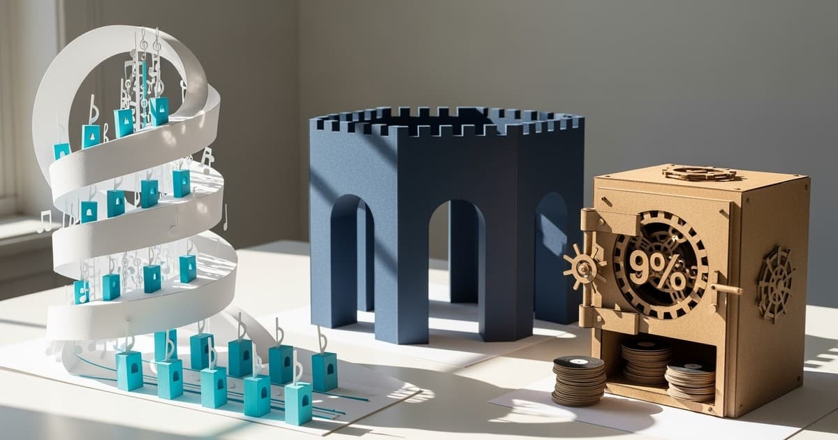 Photorealistic paper craft diorama showing three distinct paper structures: a tall white tower with toll gates, a solid navy fortress, and