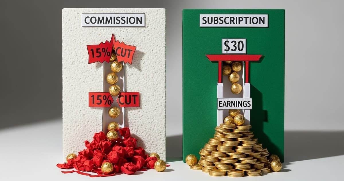 A tactile paper-craft illustration of two distribution chutes; the left 'Free' chute leaks 15% of its gold paper spheres through holes,