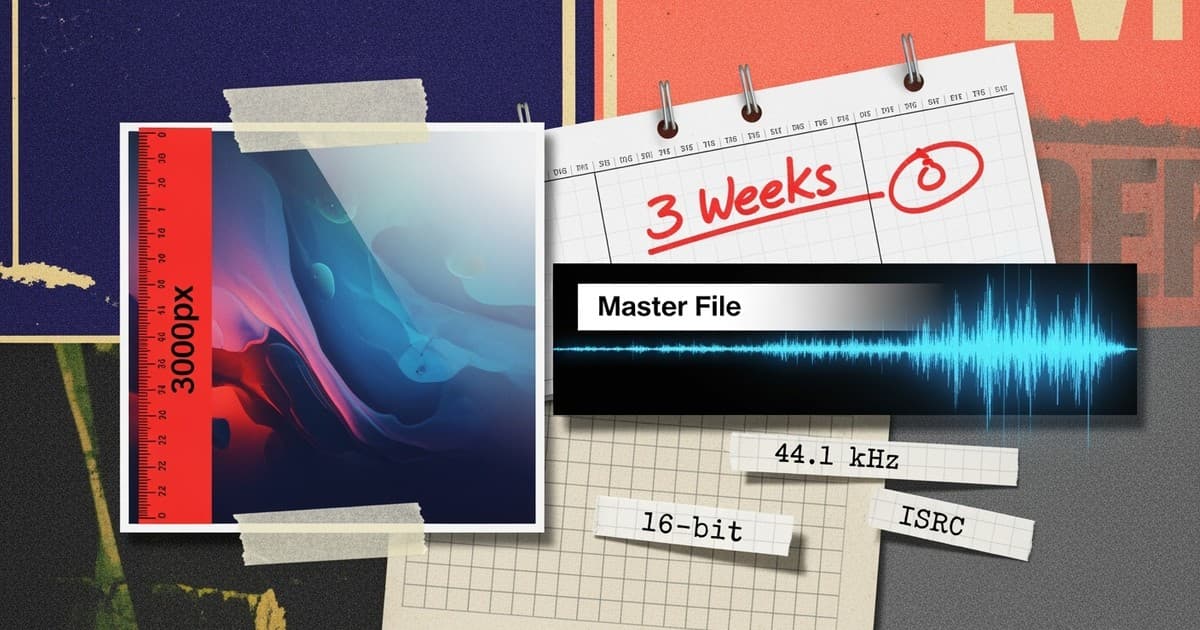 A mixed-media collage showing a golden audio waveform, a 3000px square artwork print, and metadata tags layered on a vintage calendar.