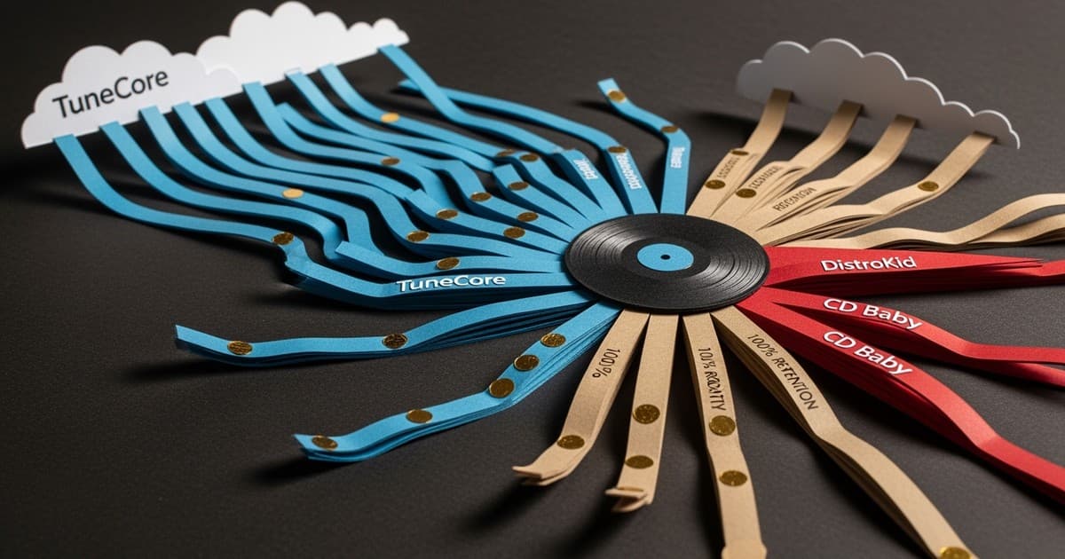 A detailed paper-craft diorama showing ten distinct colored paper pathways flowing from a vinyl record, representing music distribution