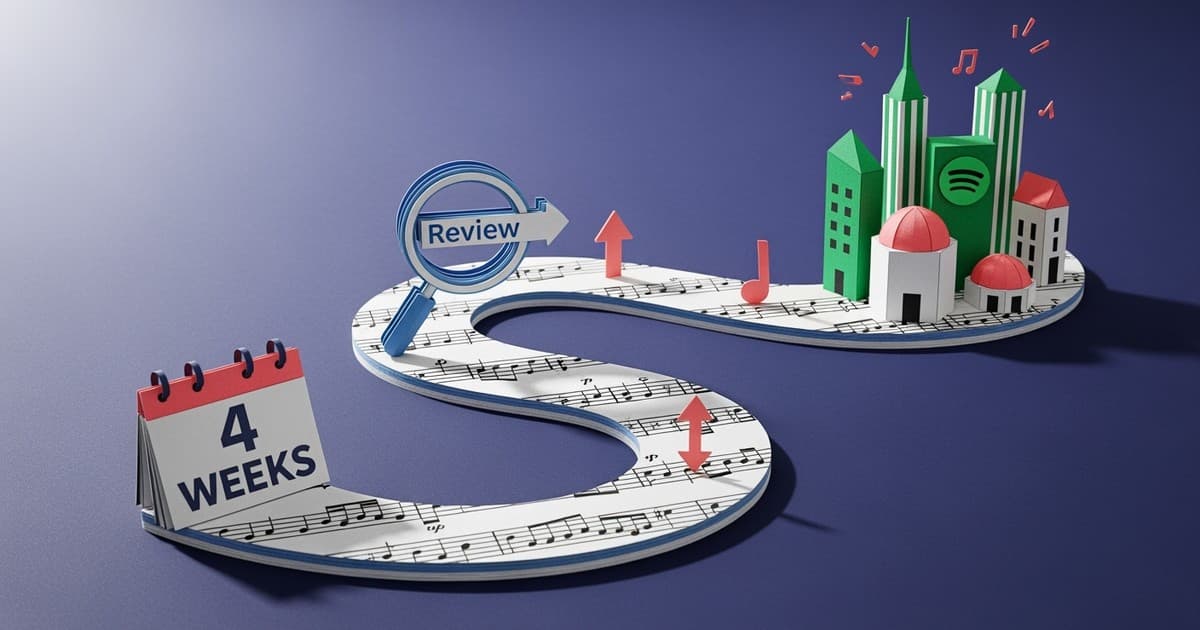 Intricate paper craft illustration of a winding road map representing a music release timeline, starting with a calendar and ending at