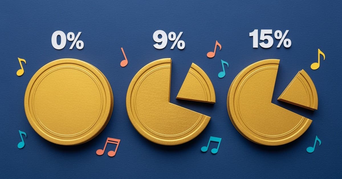 Three gold paper-craft coins on a navy background, showing a whole coin, one with a 9% slice removed, and one with a 15% slice removed.