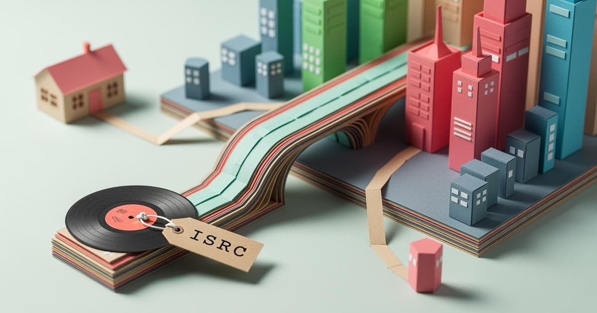 A detailed paper craft diorama showing a vinyl record sleeve with an ISRC tag sliding down a cardstock pipeline toward a city of colorful