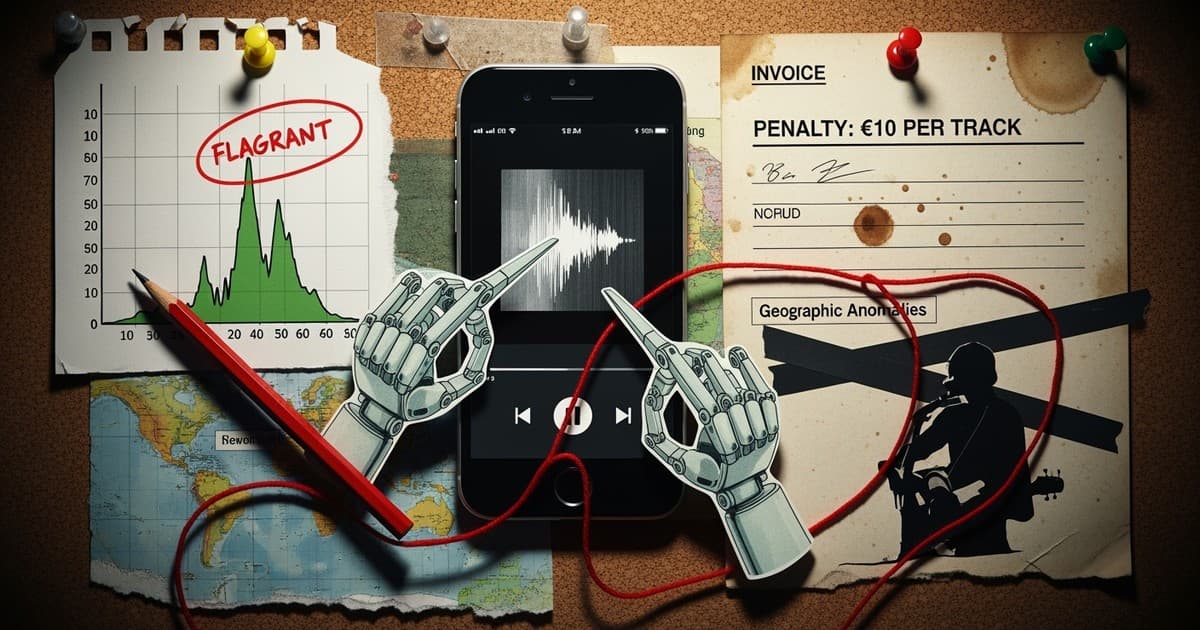 A gritty mixed-media collage on a corkboard showing robot hands tapping a phone, a graph with a red FLAGRANT circle, and an invoice reading