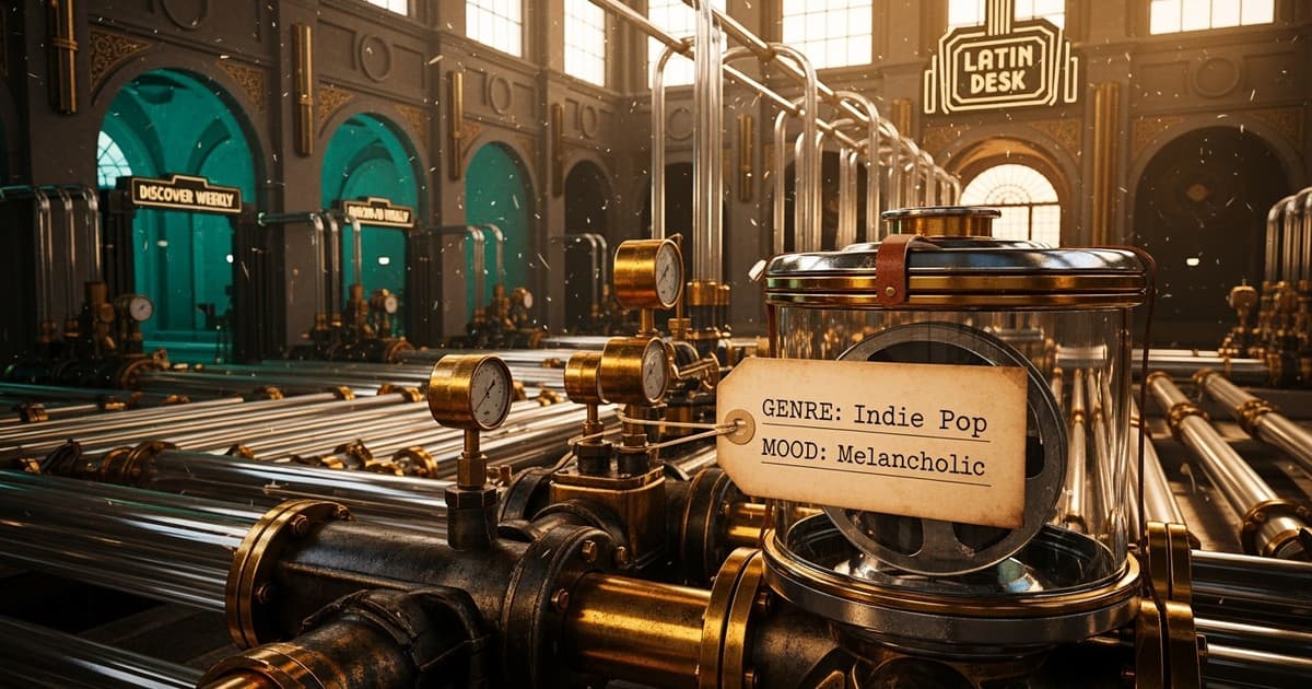 A close-up of a retro-futuristic pneumatic tube system where a brass canister labeled Indie Pop is being routed through glass pipes.