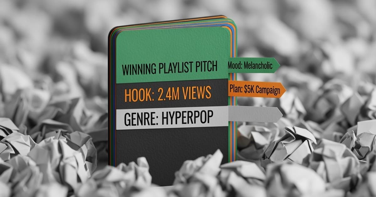 A layered paper-craft composition showing a vibrant green pitch card with cut-out text "HOOK: 2.4M VIEWS" rising above a pile of grey
