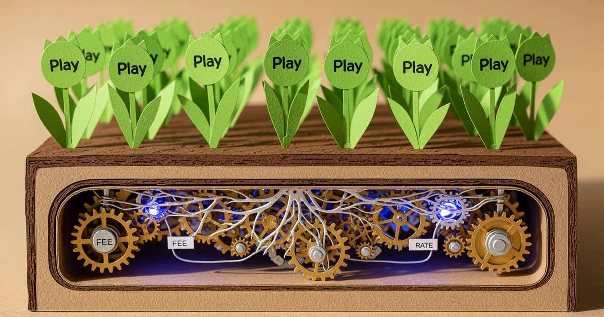 A detailed paper-craft diorama cutaway showing a garden of green play-button flowers powered underground by gears made of gold coins and