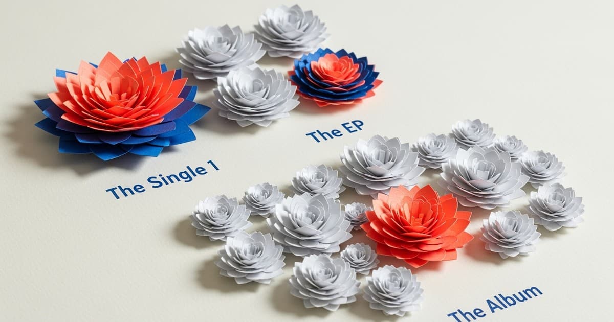 A detailed paper-craft diorama showing three groups of geometric flowers: a single bright coral bloom, a cluster of five with only one