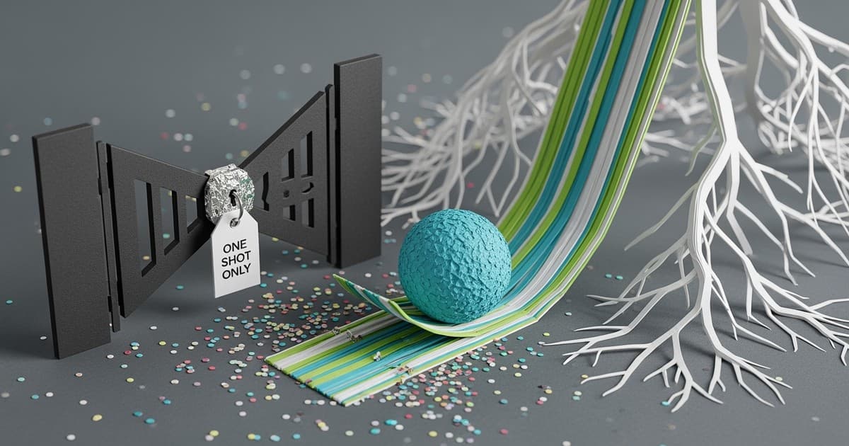 A detailed paper-craft scene where a cyan sphere rolls past a locked black gate labeled ONE SHOT ONLY and onto flowing green paper ribbons