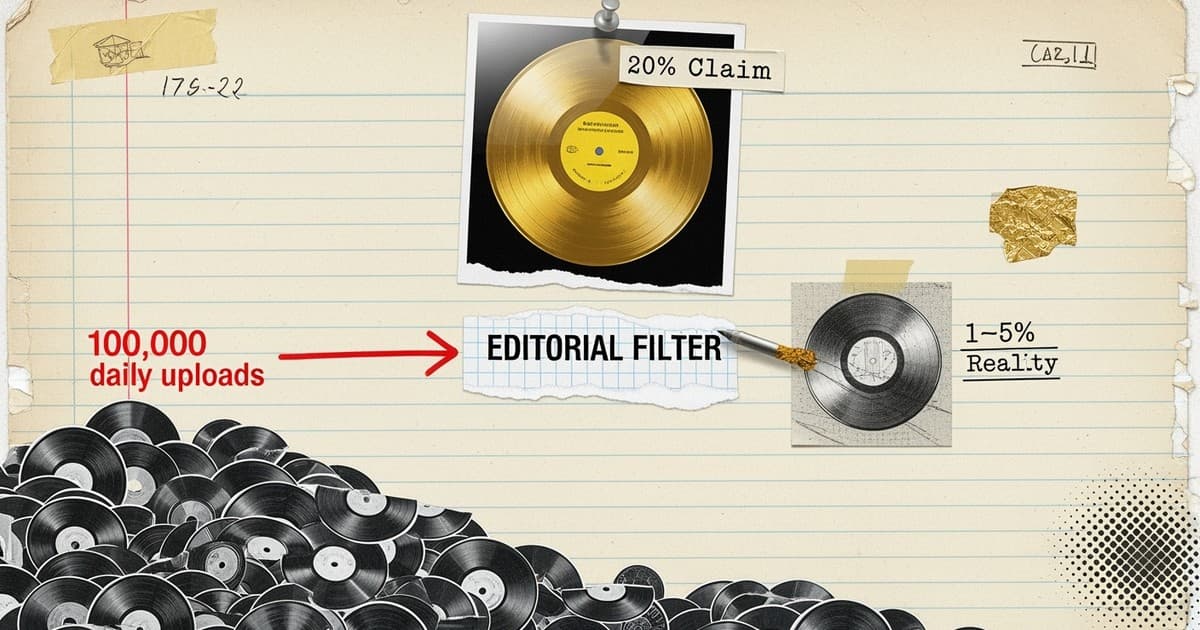 A mixed-media collage on weathered paper showing a mountain of vinyl records funneling into a graph, contrasting a glossy gold record