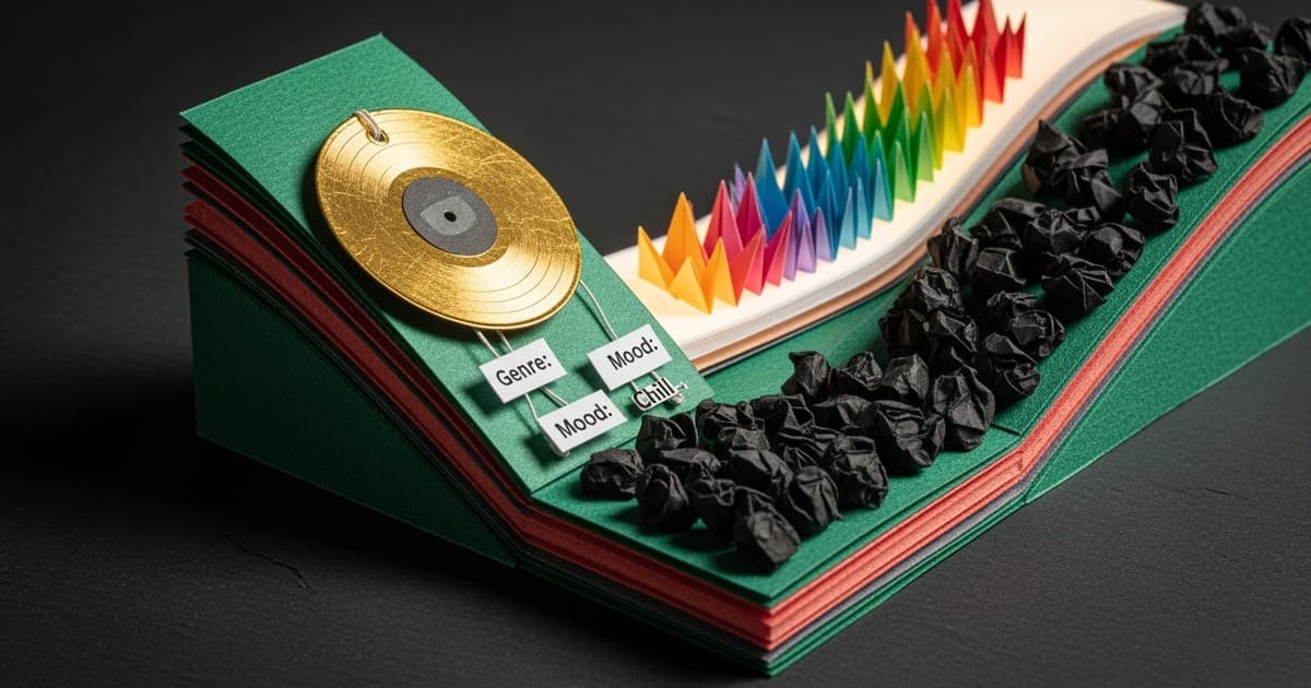 A detailed paper craft illustration showing a golden vinyl record sliding down a layered emerald ramp toward a garden of blooming paper