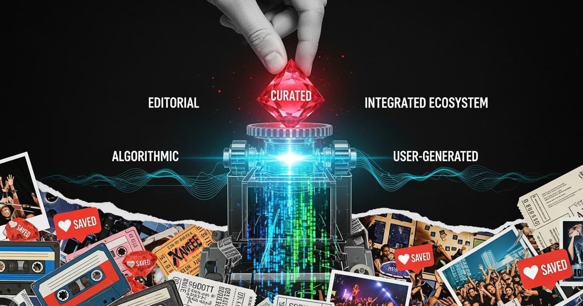 Mixed-media collage showing a human hand dropping a gem into a digital funnel that outputs a pile of mixtapes and concert tickets.