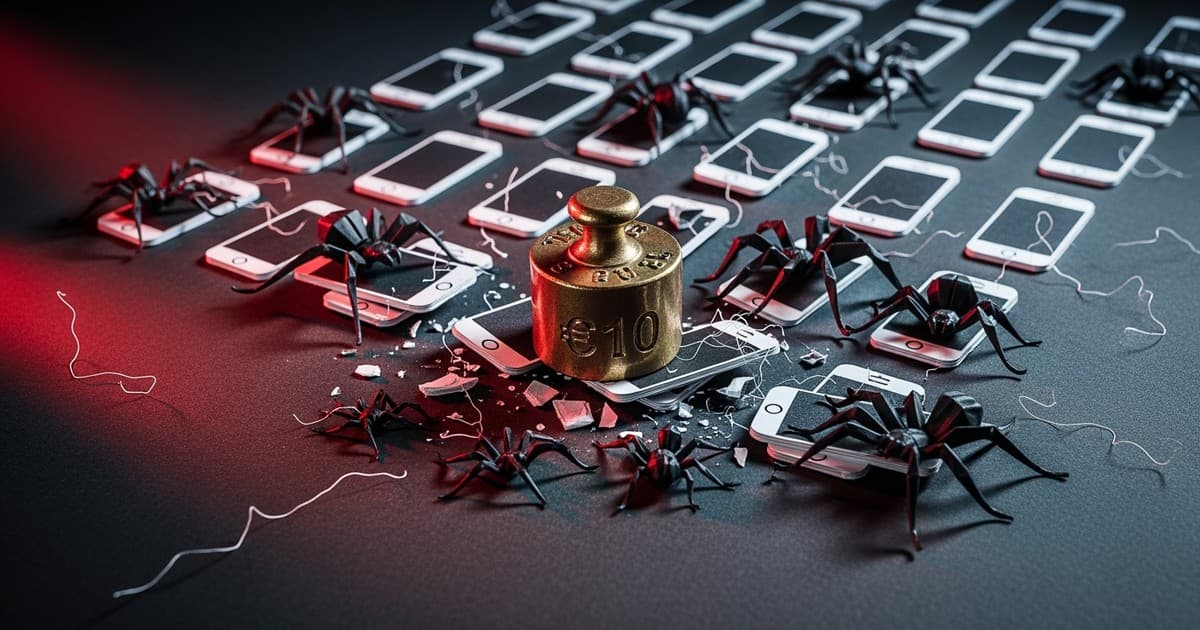 A detailed paper-craft diorama showing delicate white origami smartphones being crushed by a heavy brass weight stamped with a ten Euro