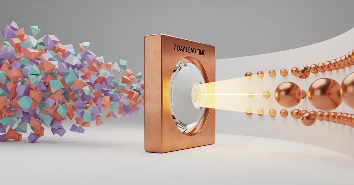 A surreal 3D illustration of chaotic floating shapes organizing into a straight line after passing through a crystal lens etched with '7