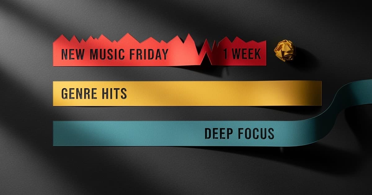 Top-down paper craft illustration showing three timelines of different lengths made from colored cardstock representing Spotify playlist