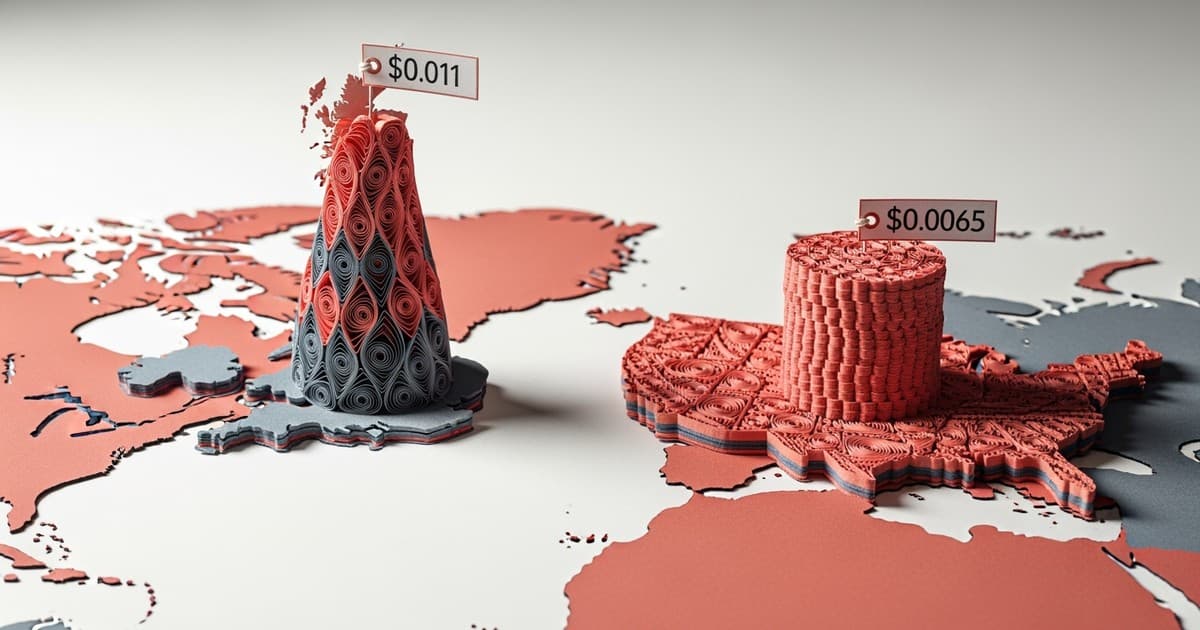 Intricate paper-quilled map of the UK and US, where the height of spiraled paper towers represents Apple Music payout rates of $0.011 and