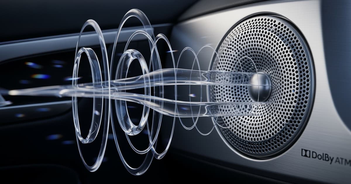 Close-up macro photography of a high-end brushed metal speaker grille in a luxury vehicle interior, with abstract, translucen