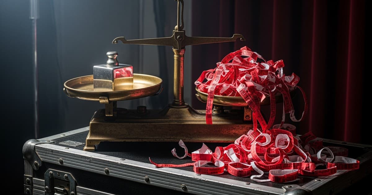 Cinematic close-up of an antique brass balance scale resting on a black music touring road case. The scale is tipped heavily