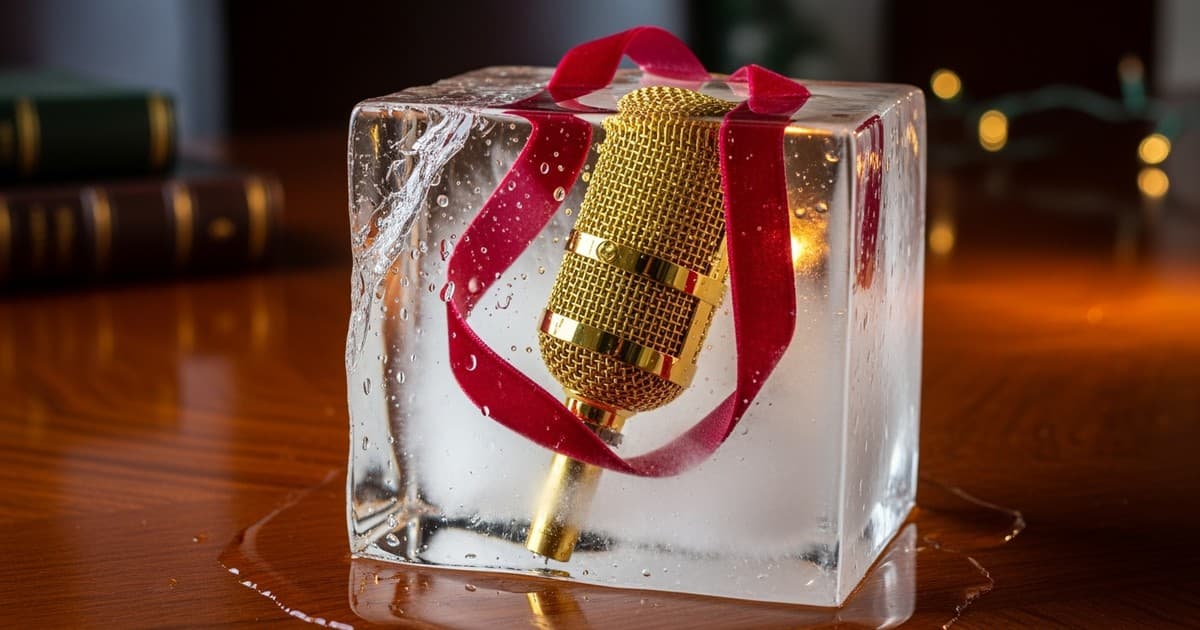 A close-up, hyper-realistic photo of a gold-plated vintage microphone and a red velvet ribbon frozen inside a block of ice re