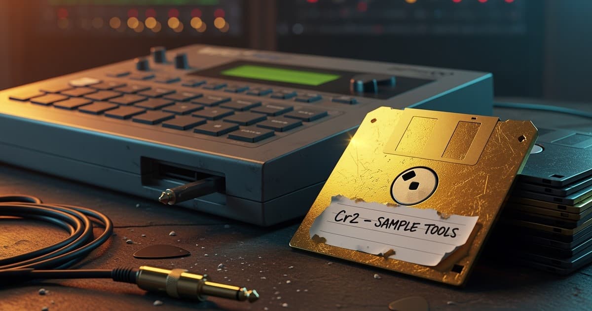 A hyper-realistic editorial close-up of a vintage music production sampler on a dark studio desk, next to a 3.5-inch floppy d