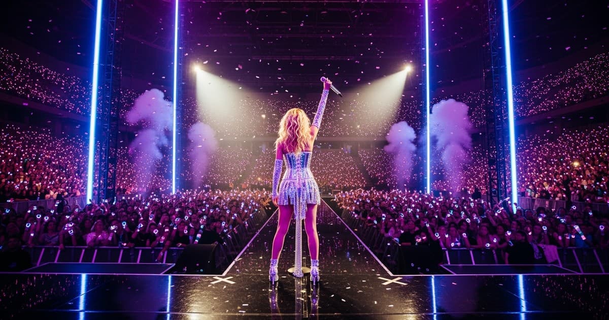 High-angle editorial concert photo from behind a female pop star on stage at The O2 Arena, facing a massive, glowing ocean of