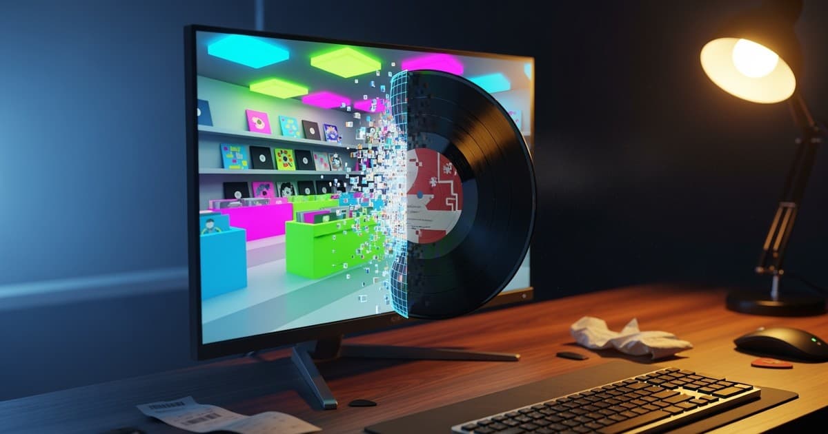A surreal, hyper-realistic conceptual image featuring a physical vinyl record emerging halfway out of a computer monitor scre