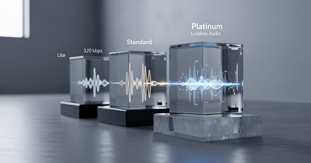 A soundwave passing through three labeled glass chambers, representing different audio quality tiers in a lab setting.