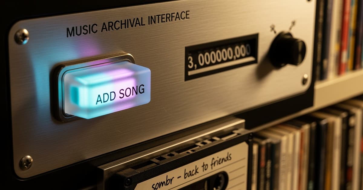 Close-up of a glowing 'Add Song' button on a vintage metal console; a mechanical counter reads 3 billion; a cassette labeled